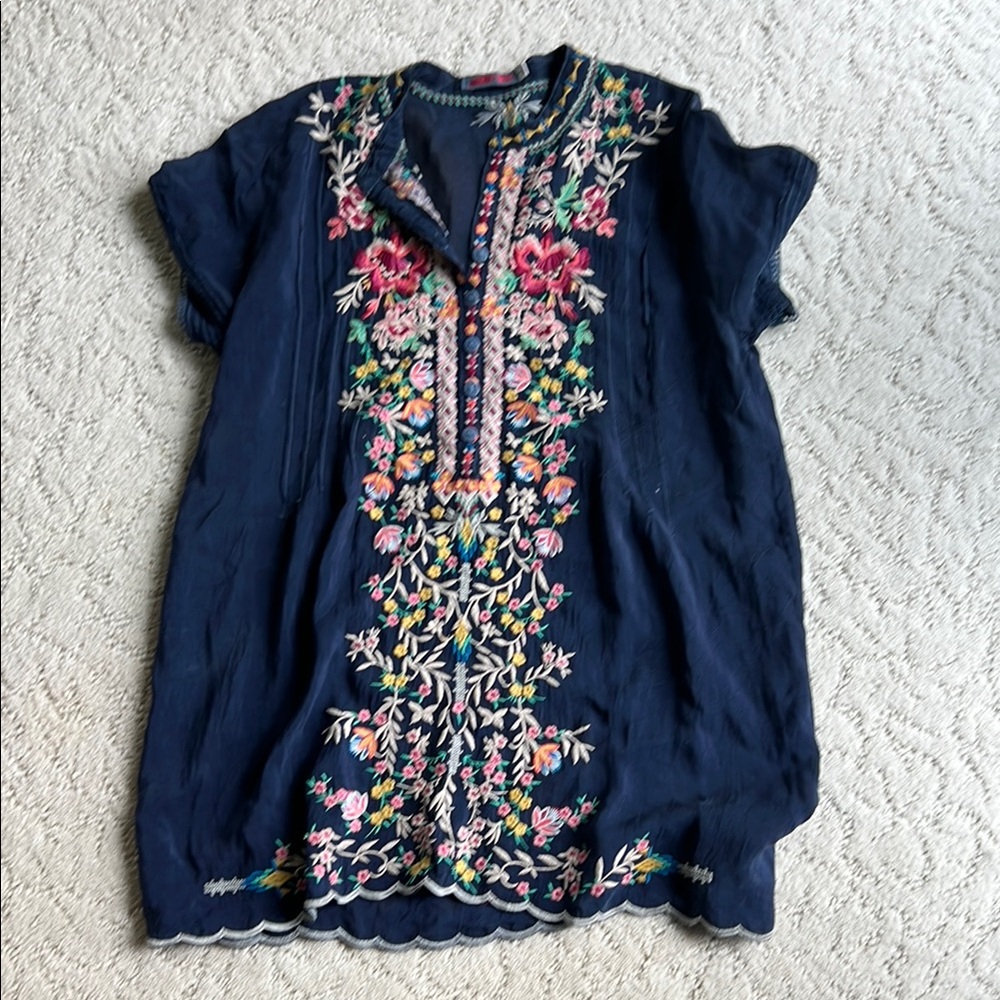 Johnny Was Navy Top with Colorful Embroidery